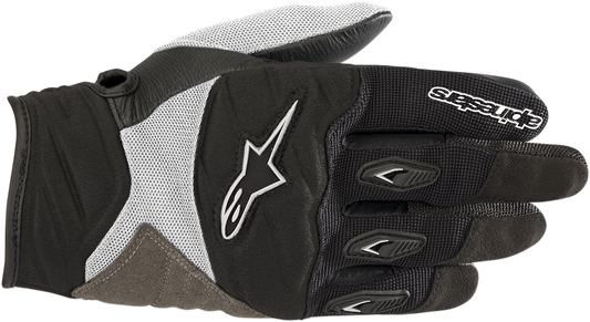 Alpinestars Stella Shore gloves in black and white, XL size, featuring protective padding and a sleek motorcycle glove design.