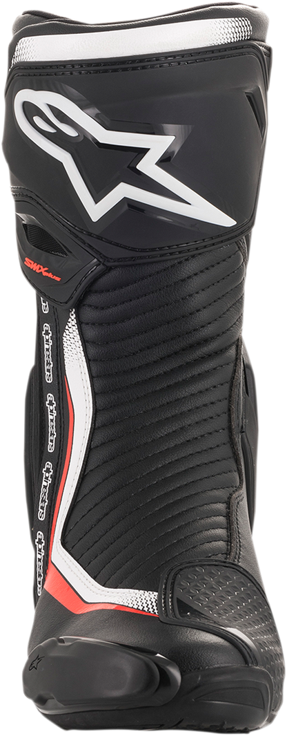 Alpinestars SMX Plus motorcycle boots in black, white, and red fluorescent with protective design, US 6.5 / EU 40.