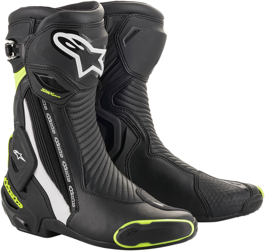 Alpinestars SMX Plus motorcycle boots in black, white, and yellow fluorescent with protective design, US 9 / EU 43.