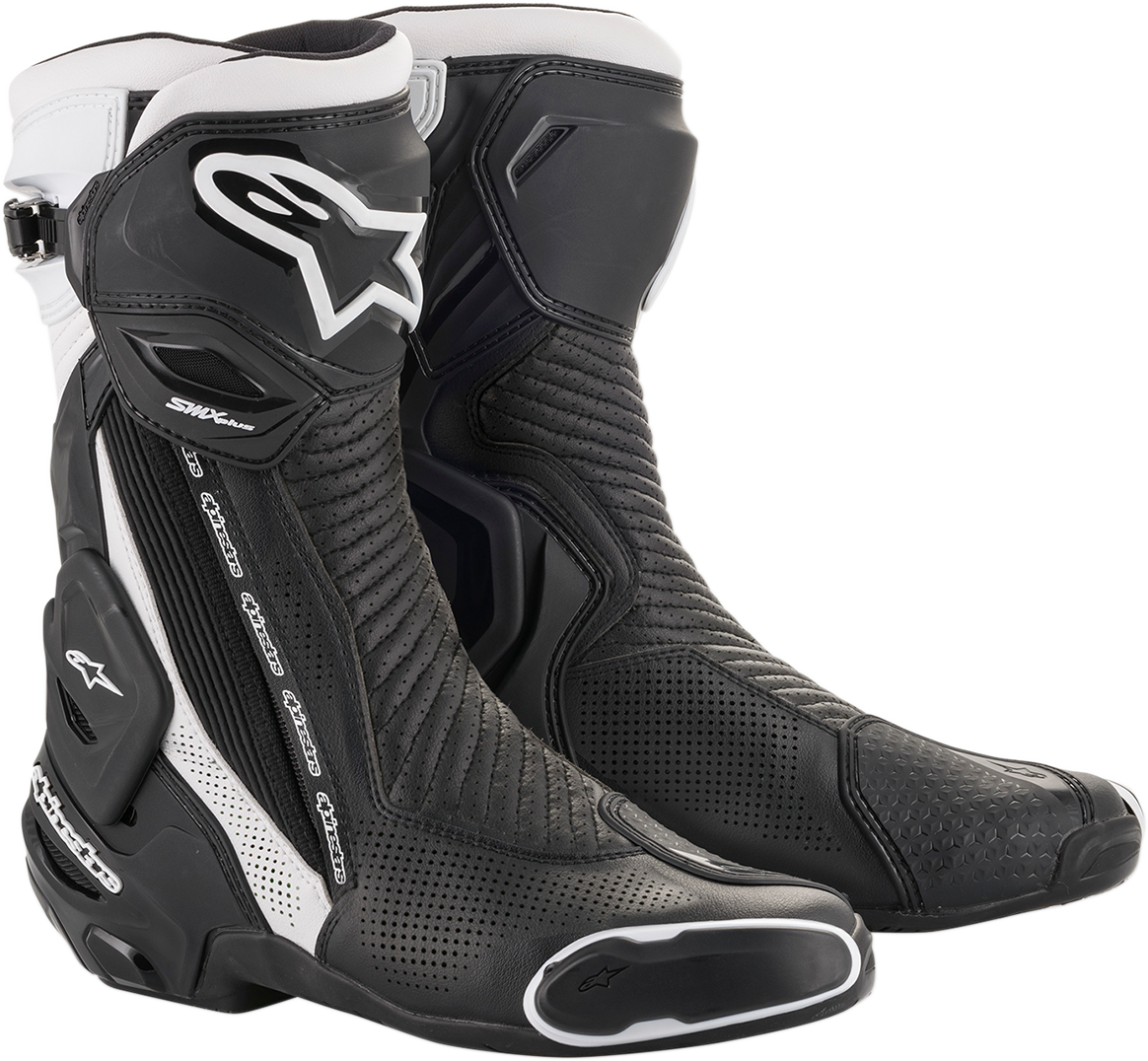 Alpinestars SMX Plus V2 vented motorcycle boots in black and white, US size 6, featuring protective design and durable construction.