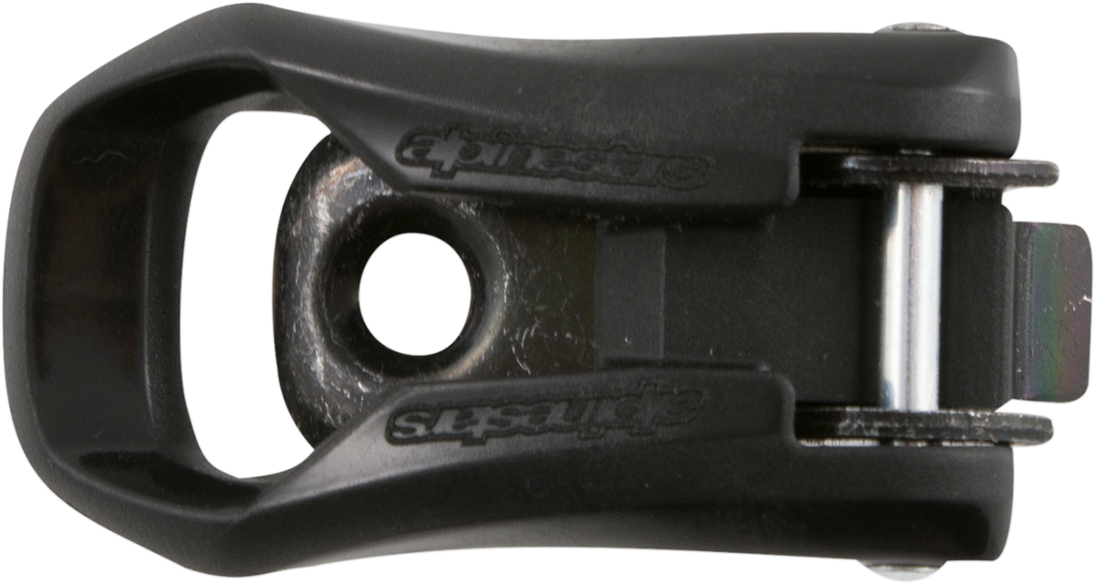 Alpinestars Tech 5 motocross boot buckle with screw in black, part number 25LET5-10, close-up view showing details.