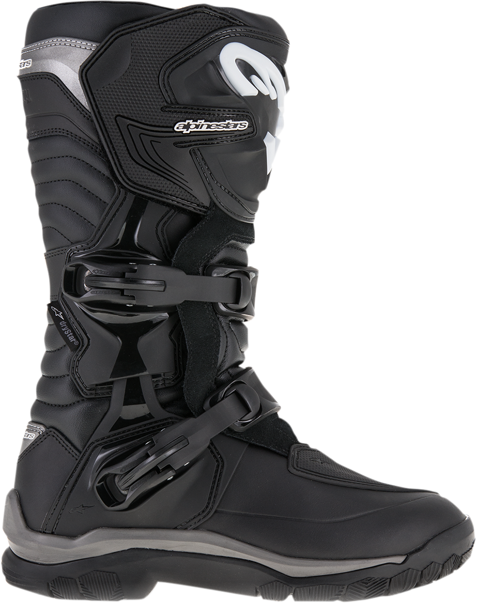Alpinestars Corozal Adventure Drystar motorcycle boots in black, US size 13, EU 48, with ankle protection and rugged design.