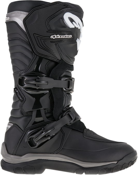 Alpinestars Corozal Adventure Drystar motorcycle boots in black, US size 13, EU 48, with ankle protection and rugged design.