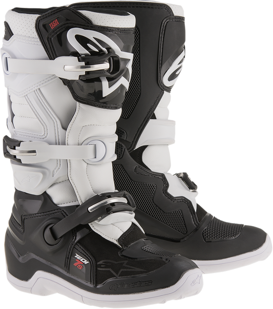 Alpinestars Youth Tech 7S motorcycle boots in black and white, US 6 / EU 39, featuring protective design and sturdy construction.