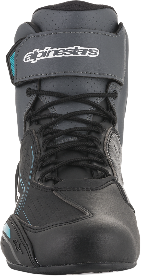 Alpinestars Stella Faster-3 motorcycle shoes in black, gray, and blue, US size 8, with breathable design and sturdy construction.