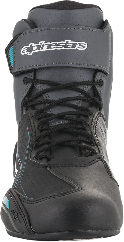 Alpinestars Stella Faster-3 motorcycle shoes in black, gray, and blue, US size 8, with breathable design and sturdy construction.