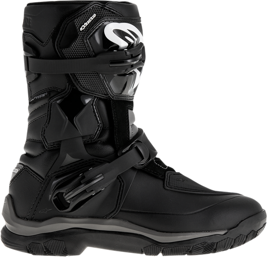 Alpinestars Belize Drystar® motorcycle boots in black with US size 12, showing ankle and sole details.