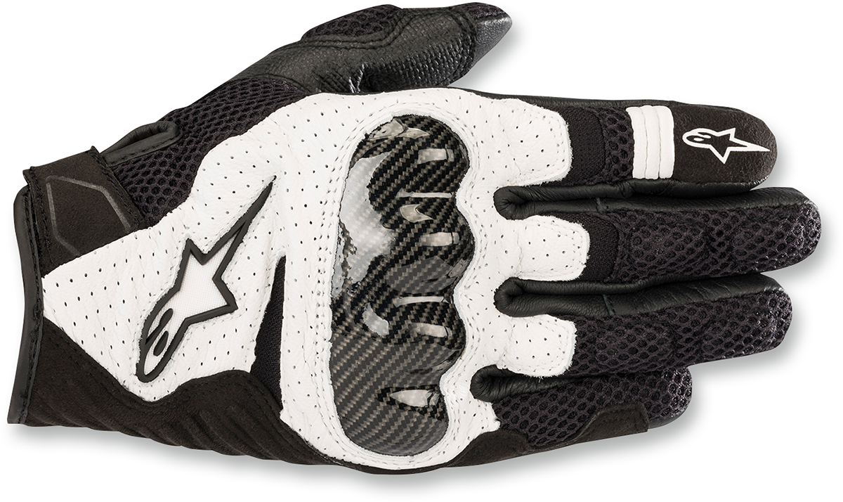 Alpinestars SMX-1 Air V2 motorcycle gloves in black and white, size medium, with protective knuckles and breathable mesh design.