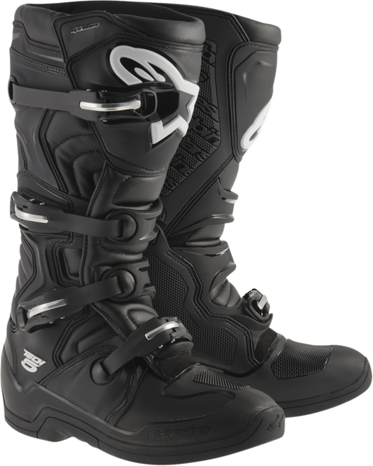 Alpinestars Tech 5 motorcycle off-road boots in black, US 15, EU 51, showing durable construction and protective features.