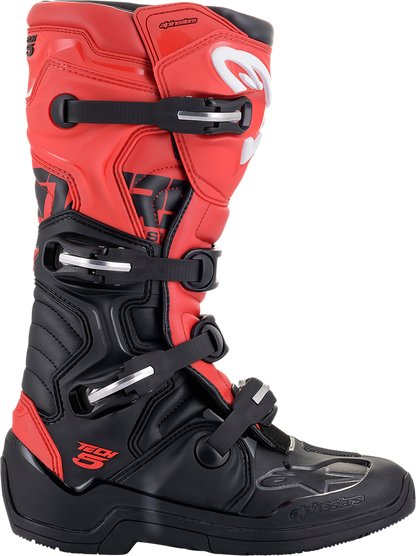 Alpinestars Tech 5 off-road motorcycle boots in black and red, US size 8, showing durable design and protective features.