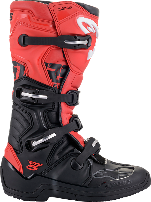 Alpinestars Tech 5 off-road motorcycle boots in black and red with US size 12, showcasing durable material and protective design.