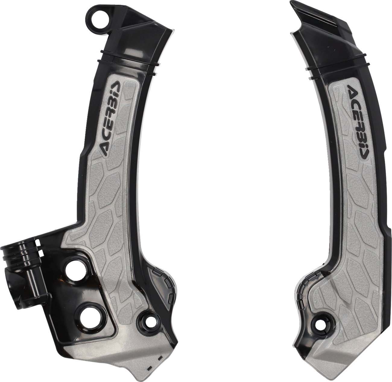 Acerbis X-Grip frame guards in black and gray mounted on a motorcycle frame, providing protection for the bike's body.