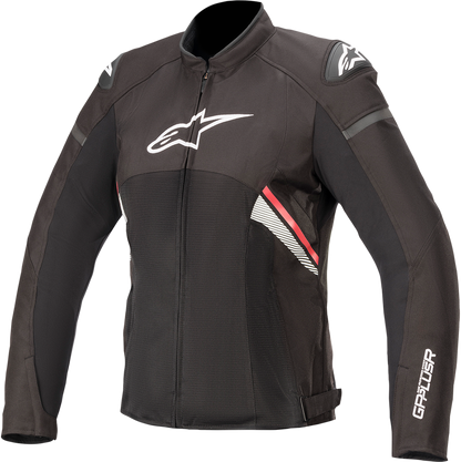 Alpinestars Stella T-GP Plus R v3 Air motorcycle jacket in black, fluo red, and white, featuring protective armor and ventilation.