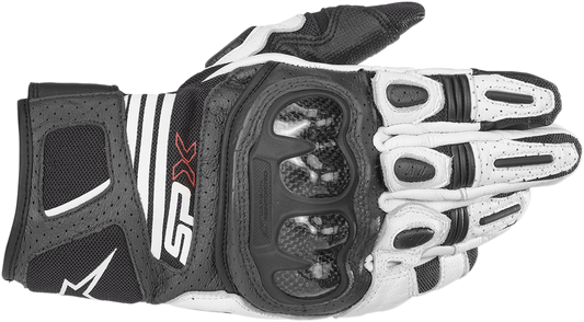 Alpinestars SPX AC V2 motorcycle gloves in black and white, size 3XL, with enhanced ventilation and impact protection.
