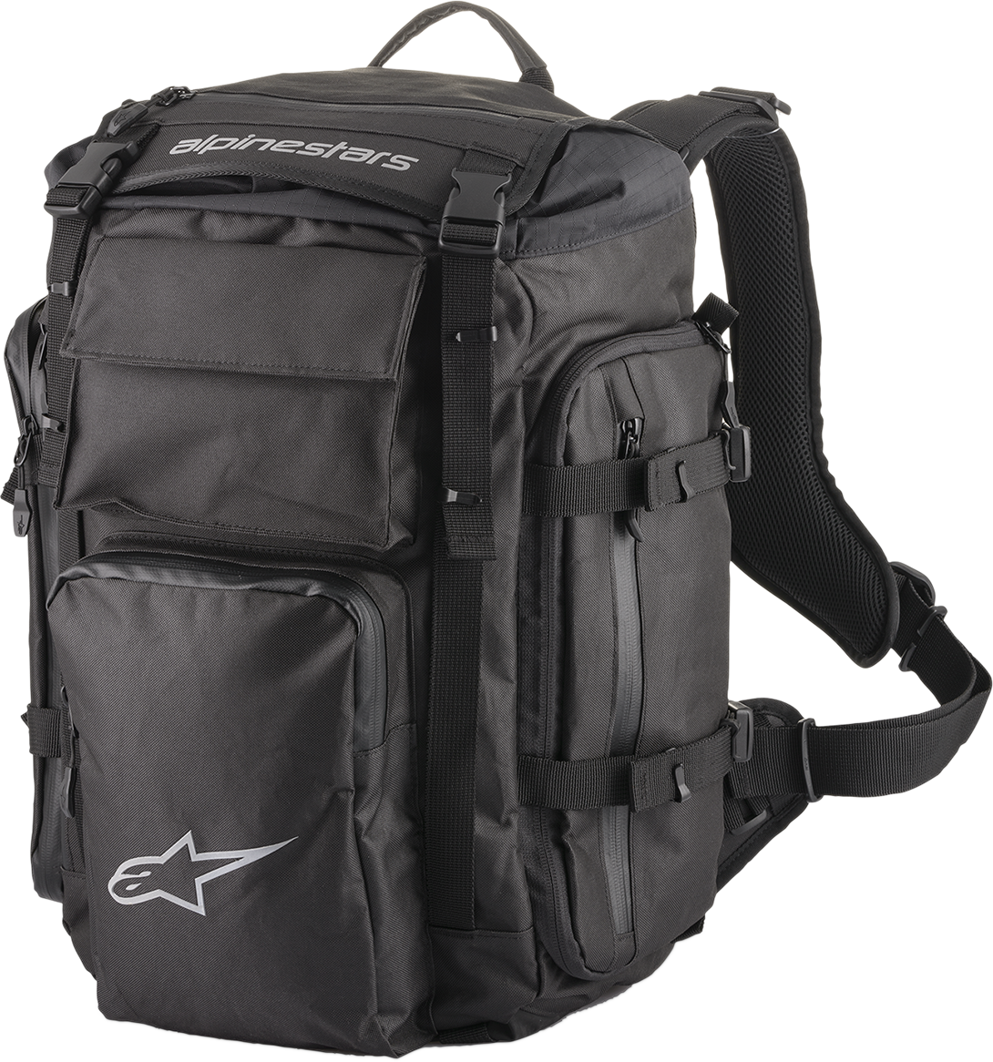 Alpinestars Overland Backpack in black with multiple compartments, designed for adventure touring and commuting.