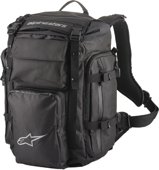 Alpinestars Overland Backpack in black with multiple compartments, designed for adventure touring and commuting.