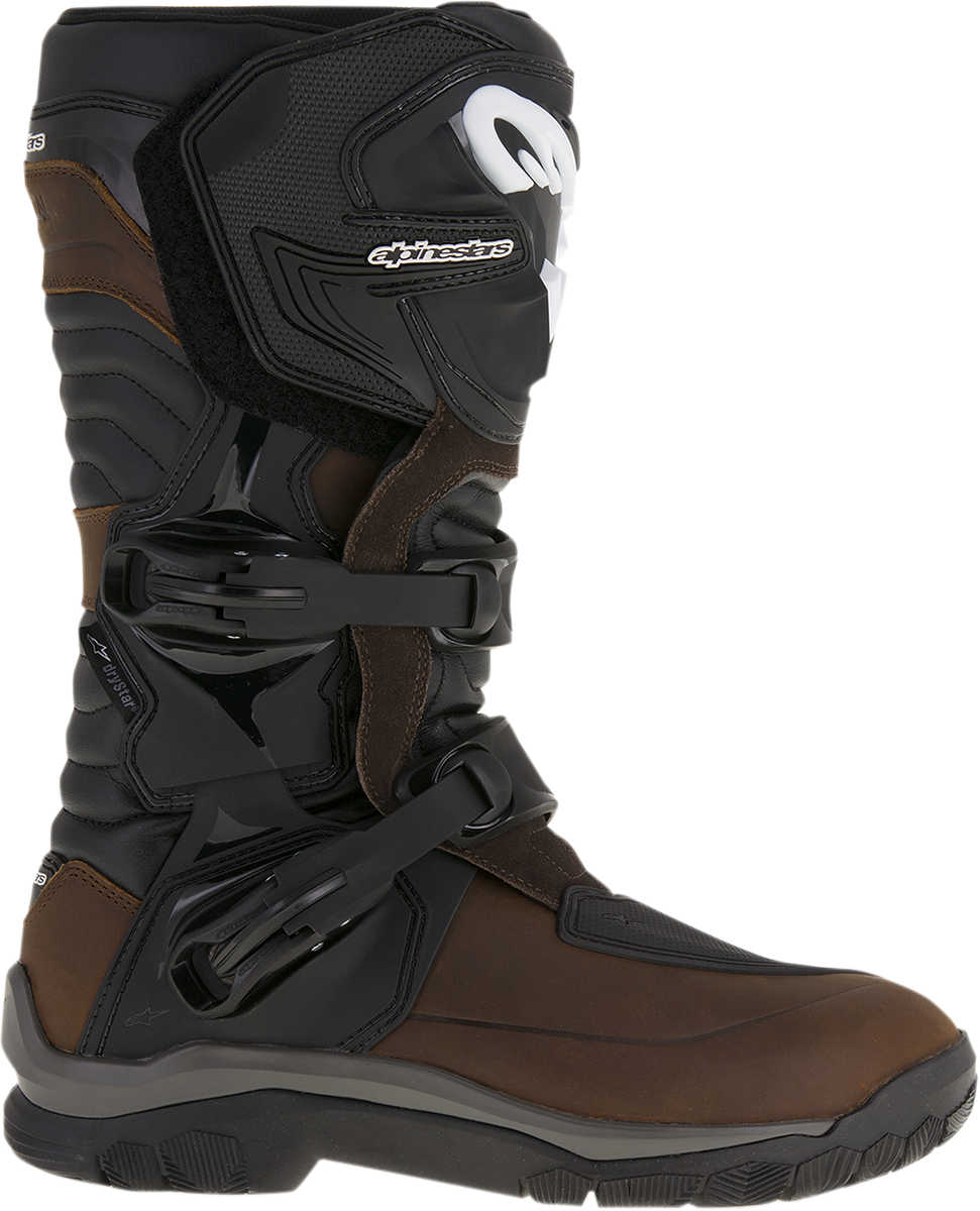 Alpinestars Corozal Adventure Drystar oiled leather motorcycle boots in brown, US 9 / EU 43, with rugged design and ankle protection.