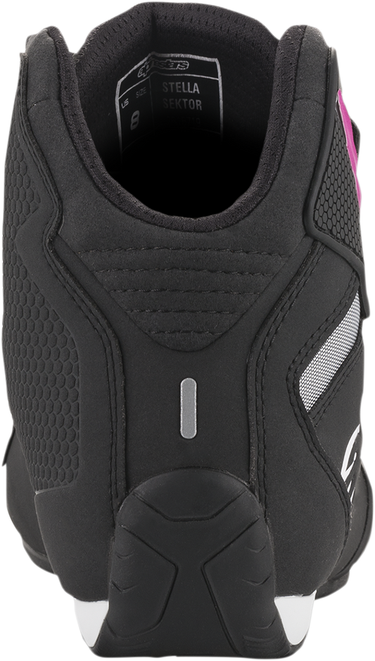 Alpinestars Stella Sektor women's black and pink riding shoes, US 9.5, side view showing sporty design and branding.