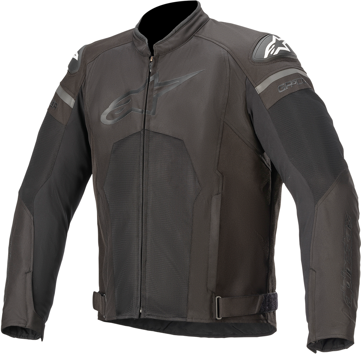 Alpinestars T-GP Plus R Air motorcycle jacket in black, large size, featuring breathable mesh panels and armored protection.