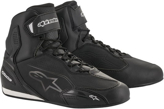 Alpinestars Faster-3 motorcycle shoes in black, US 14, featuring protective design and sporty style for motorcycle riding.