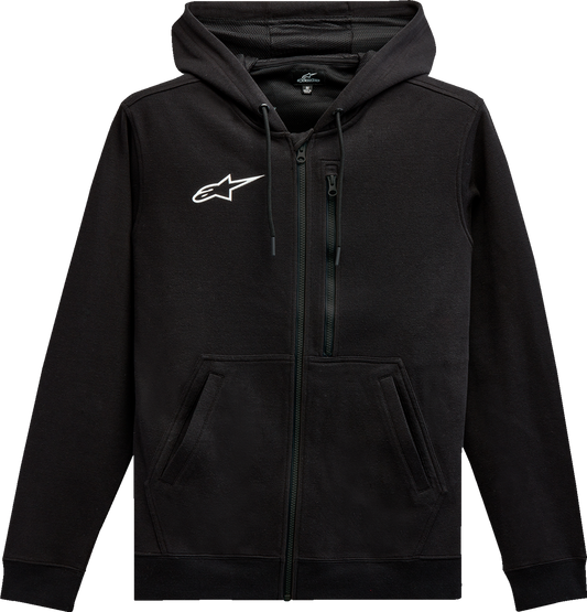 Black Alpinestars asymmetrical zip-up hoodie, large size, featuring a stylish design and a front zipper, ideal for casual wear.