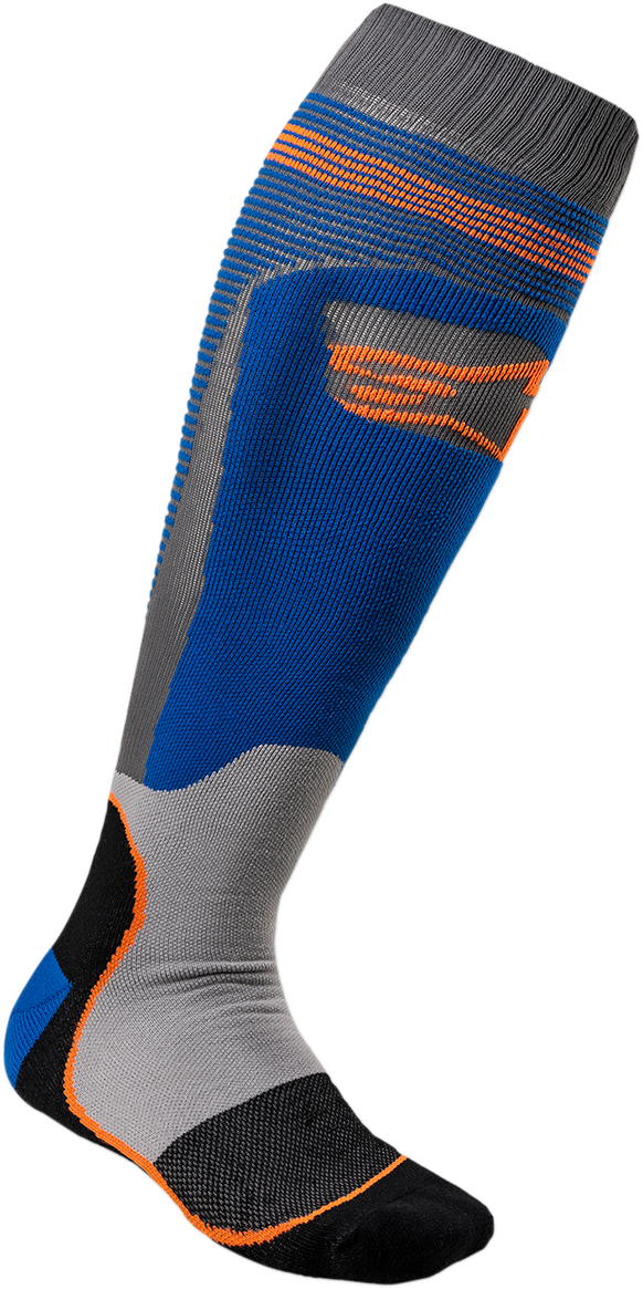 Alpinestars MX Plus-1 motorcycle socks in blue and orange, small/medium size, with cushioning and breathable fabric.