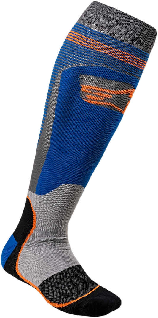 Alpinestars MX Plus-1 motorcycle socks in blue and orange, small/medium size, with cushioning and breathable fabric.