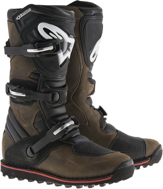 Alpinestars Tech-T motorcycle boots in brown and black with sturdy design, US 10 / EU 44.5 size, part number 2004017-818-10.