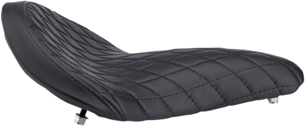 Black BILTWELL Solo 2 motorcycle seat with diamond pattern, designed for comfort and style, by Bill's Exhausts.