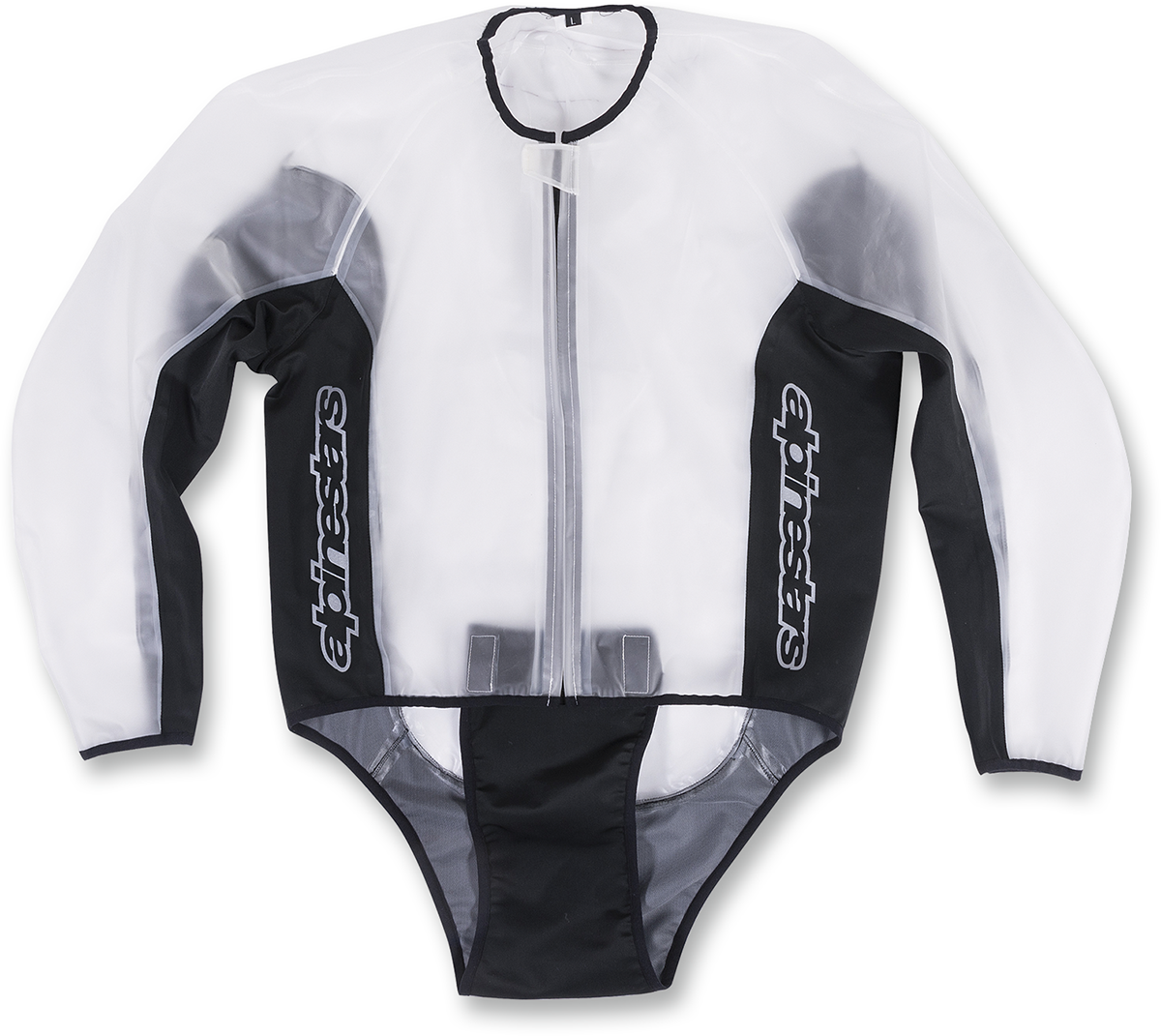 Alpinestars Racing Rain Jacket in clear and black, medium size, shown on a hanger with waterproof material and racing-inspired design.