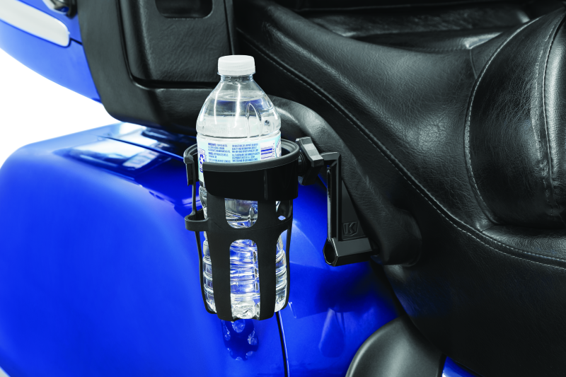 Kuryakyn Reflex drink holder for Honda Goldwing GL1800, passenger mount, black, attached to motorcycle handlebar.