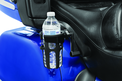 Kuryakyn Reflex drink holder for Honda Goldwing GL1800, passenger mount, black, attached to motorcycle handlebar.