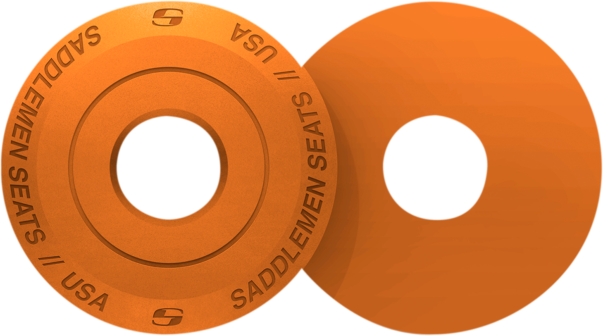 Orange SADDLEMEN Fender Seat Washer for motorcycle seats, designed for durability and style by Bill's Exhausts.
