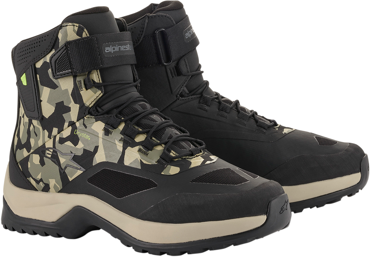 Alpinestars CR-6 Drystar® motorcycle shoes in black, brown, and green with US size 12, featuring durable leather and technical design.