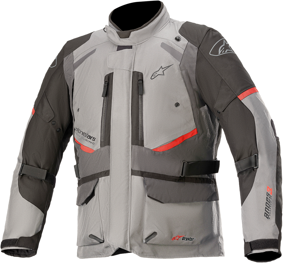 Alpinestars Andes v3 Drystar motorcycle jacket in gray and gray, size large, with protective armor and waterproof features.
