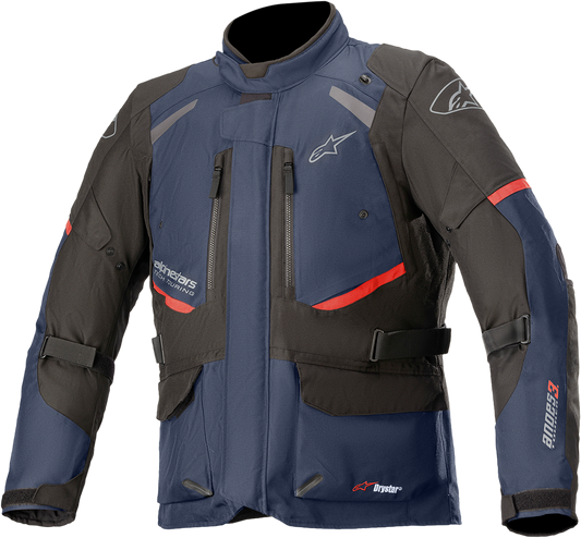 Alpinestars Andes v3 Drystar motorcycle jacket in blue and black, size small, featuring protective armor and waterproof fabric.