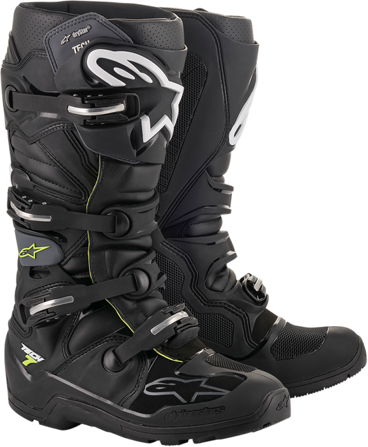 Alpinestars Tech 7 Enduro Drystar® motorcycle boots in black with US size 7, showing the rugged design and secure straps.