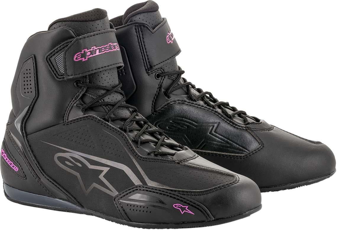 Alpinestars Stella Faster-3 women's motorcycle shoes in black and pink, US 8.5, with sturdy design and logo details.