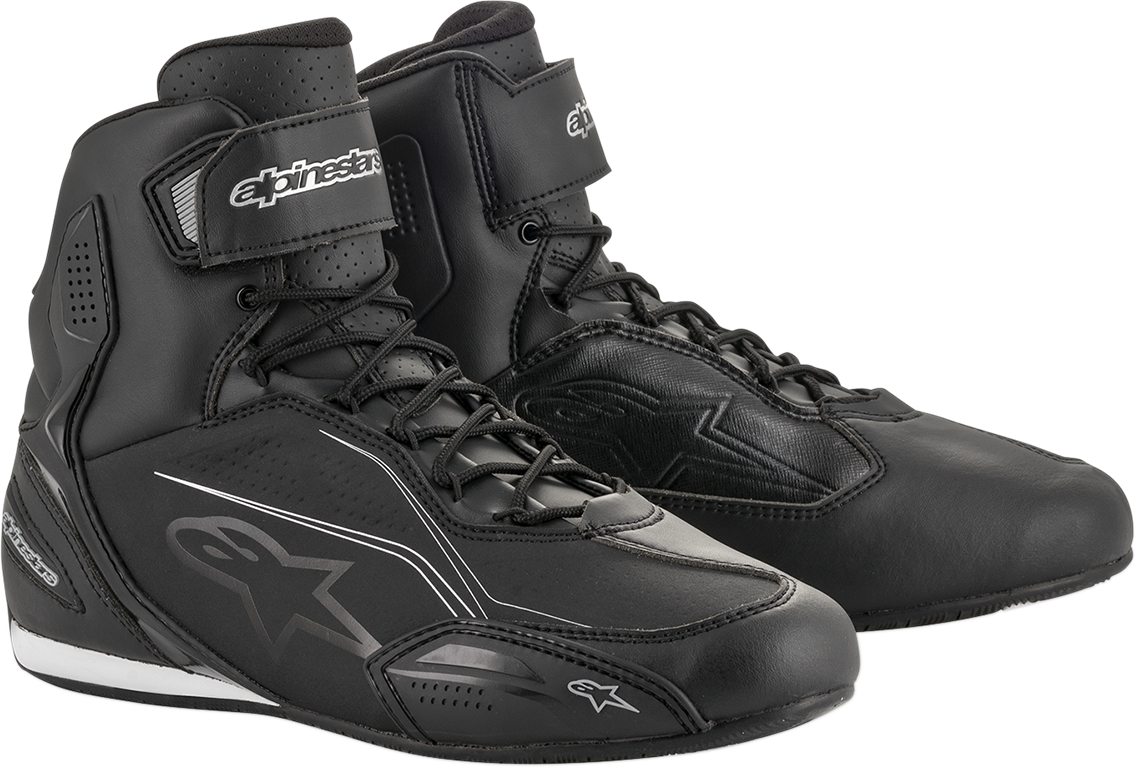 Alpinestars Stella Faster-3 women's motorcycle shoes in black and silver, US size 5, with protective design and sporty style.