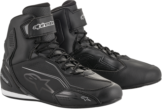 Alpinestars Stella Faster-3 women's motorcycle shoes in black and silver, US size 5, with protective design and sporty style.