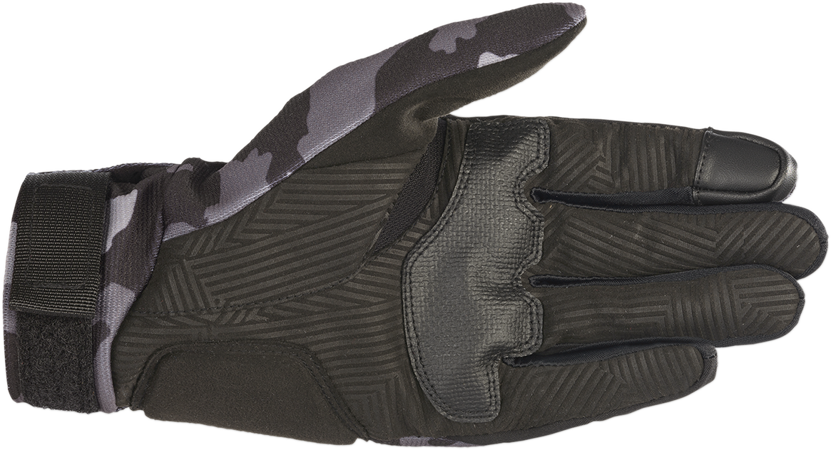 Alpinestars Reef Gloves in black and camo gray, 3XL size, featuring durable motorcycle glove design with padded palms.