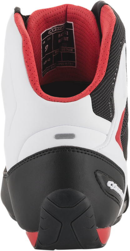 Alpinestars Faster-3 Rideknit road racing shoes in black, white, and red, US 7.5 / EU 40, with sleek racing design.