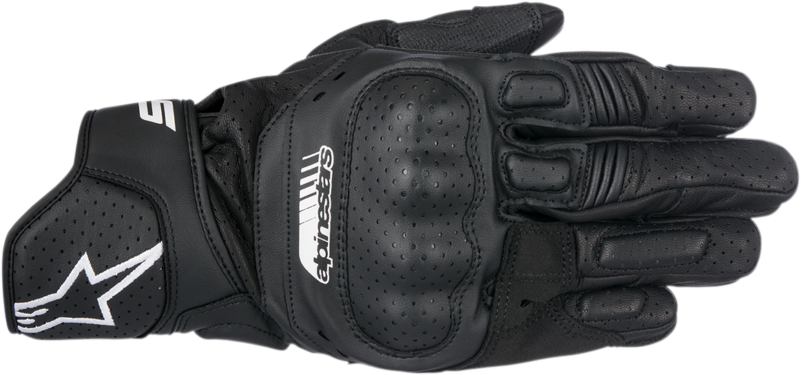 Alpinestars SP-5 motorcycle gloves in black, size XL, showing the textured leather and protective padding on the back and fingers.