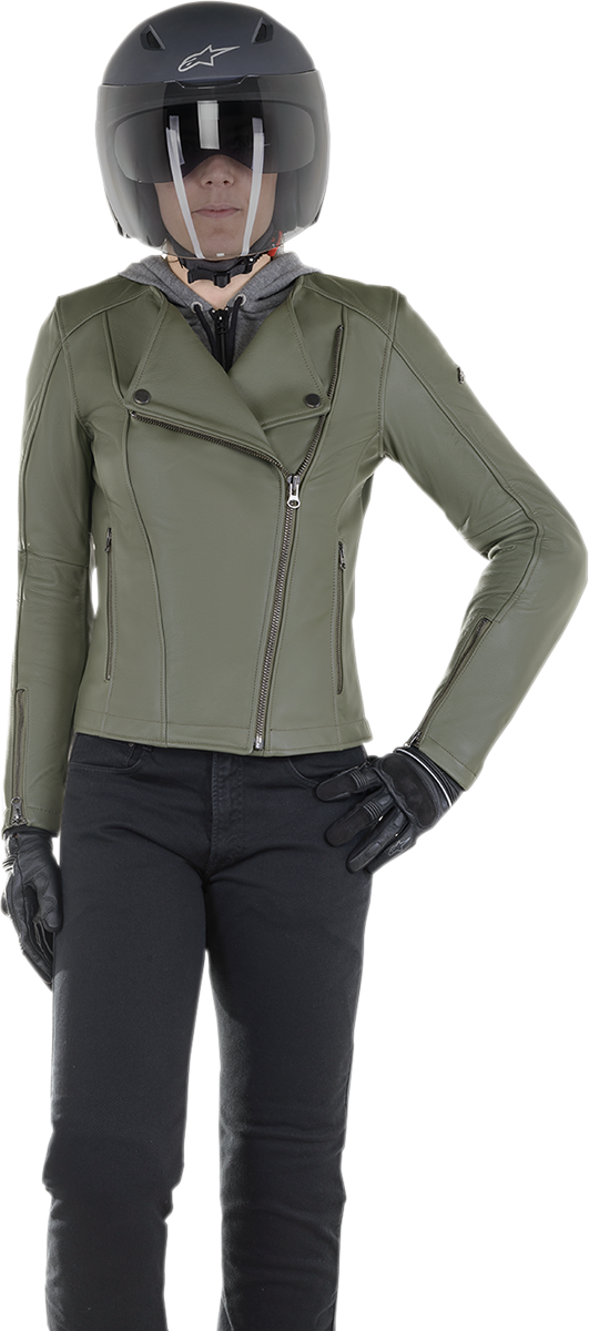Alpinestars Stella Alice motorcycle jacket in green leather, US 12 / EU 48 size, with detailed stitching and premium craftsmanship.
