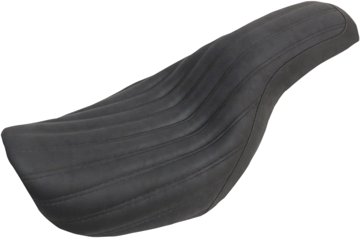 Black SADDLEMEN Knuckle 2-Up motorcycle seat with ribbed design, suitable for bikes, designed by Bill's Exhausts.