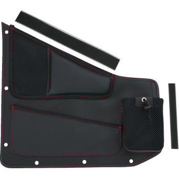 Bill's Exhausts SHOW CHROME Kaliber Side Organizer for driver and passenger, black with red stitching, fits vehicle interior.