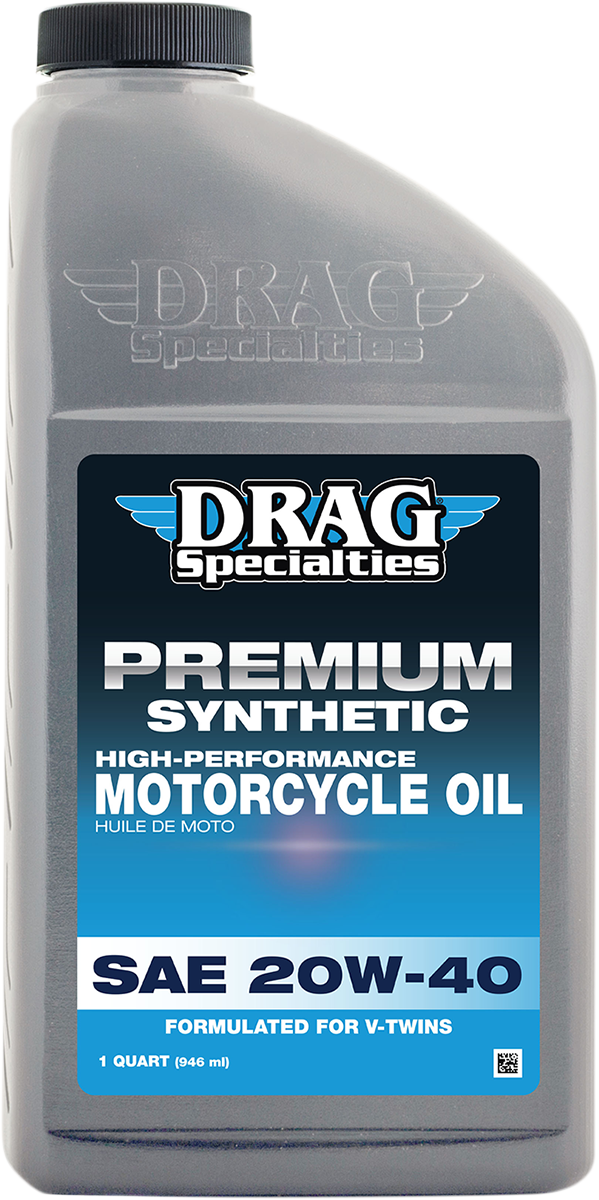 Drag Specialties Oil synthetic 20W-40 engine oil quart bottle, ideal for motorcycle engines, part #900-600.