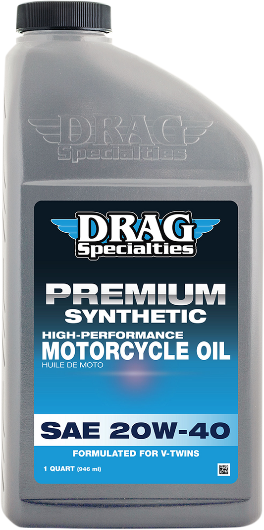 Drag Specialties Oil synthetic 20W-40 engine oil quart bottle, ideal for motorcycle engines, part #900-600.