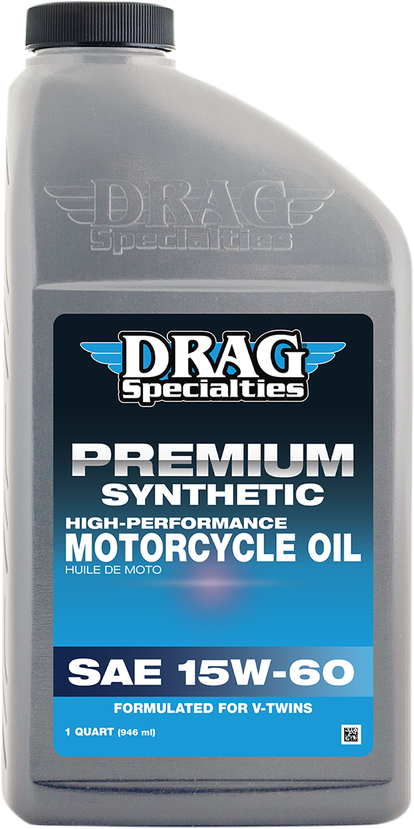 Drag Specialties synthetic engine oil 15W-60 in a 1-quart container, suitable for motorcycle engines.