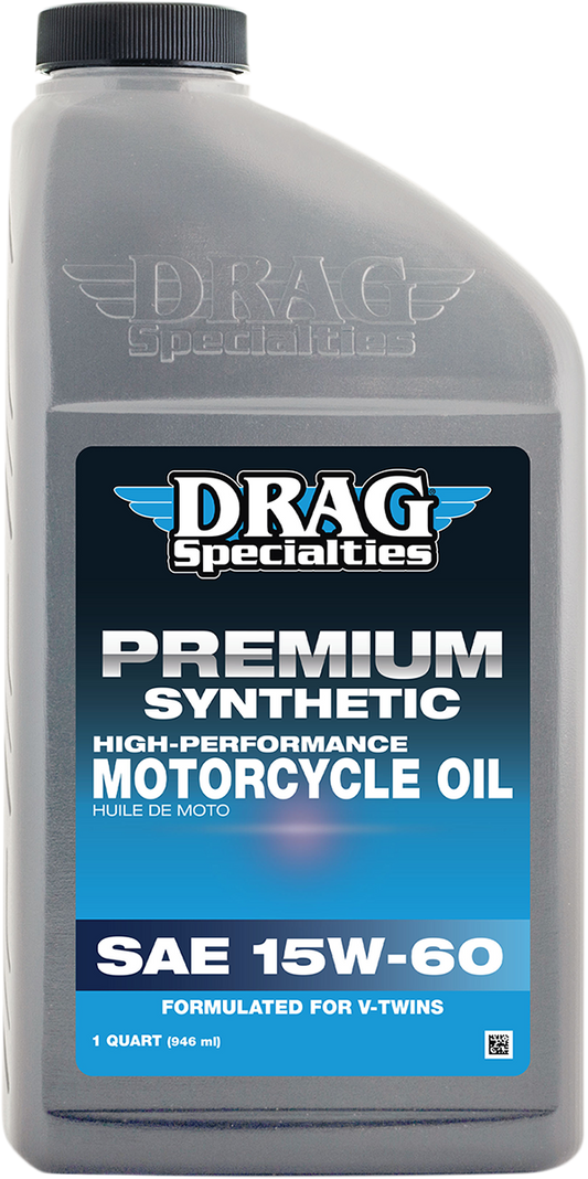 Drag Specialties synthetic engine oil 15W-60 in a 1-quart container, suitable for motorcycle engines.